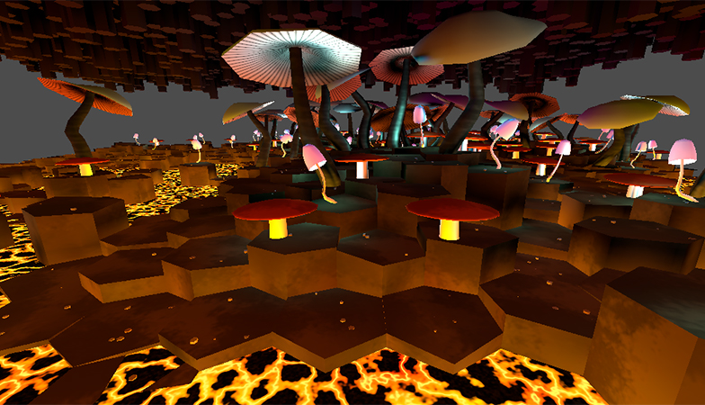procedurally generated mushrooms, basalt, and lava in Godot engine