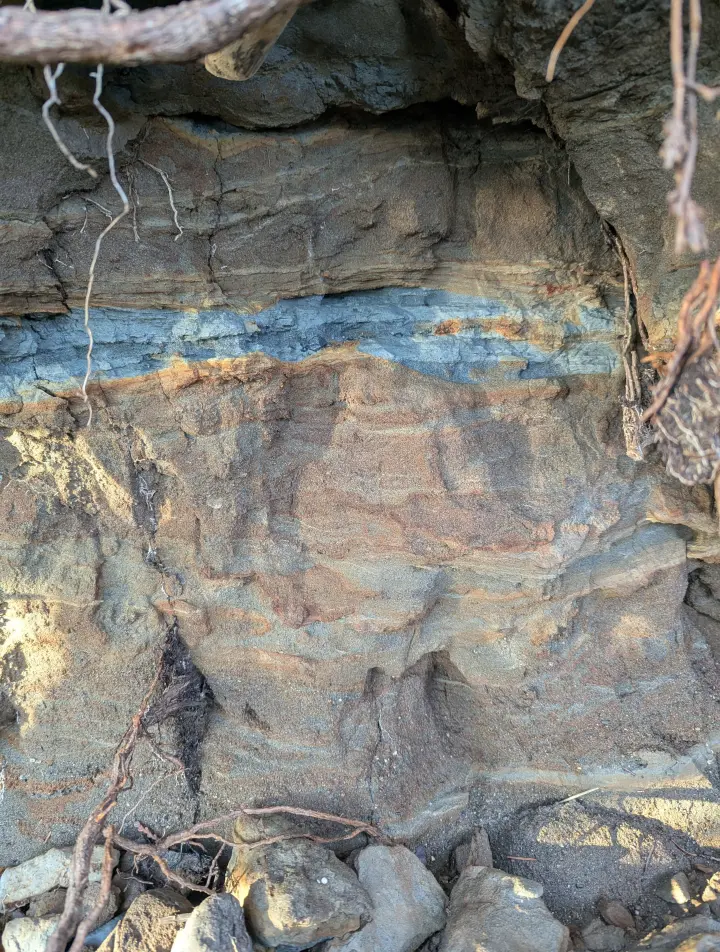 sand stone cliff face with gray clay line across it